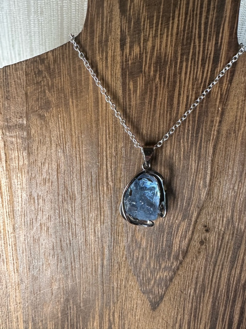 Blue Raw Stone Pendant Necklace - Silver Metal - Picture 3 of 16